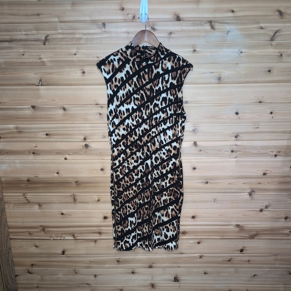 Cache‎ Womens Leopard Print Mock Neck Sleeveless Sheath Dress Black Brown Large